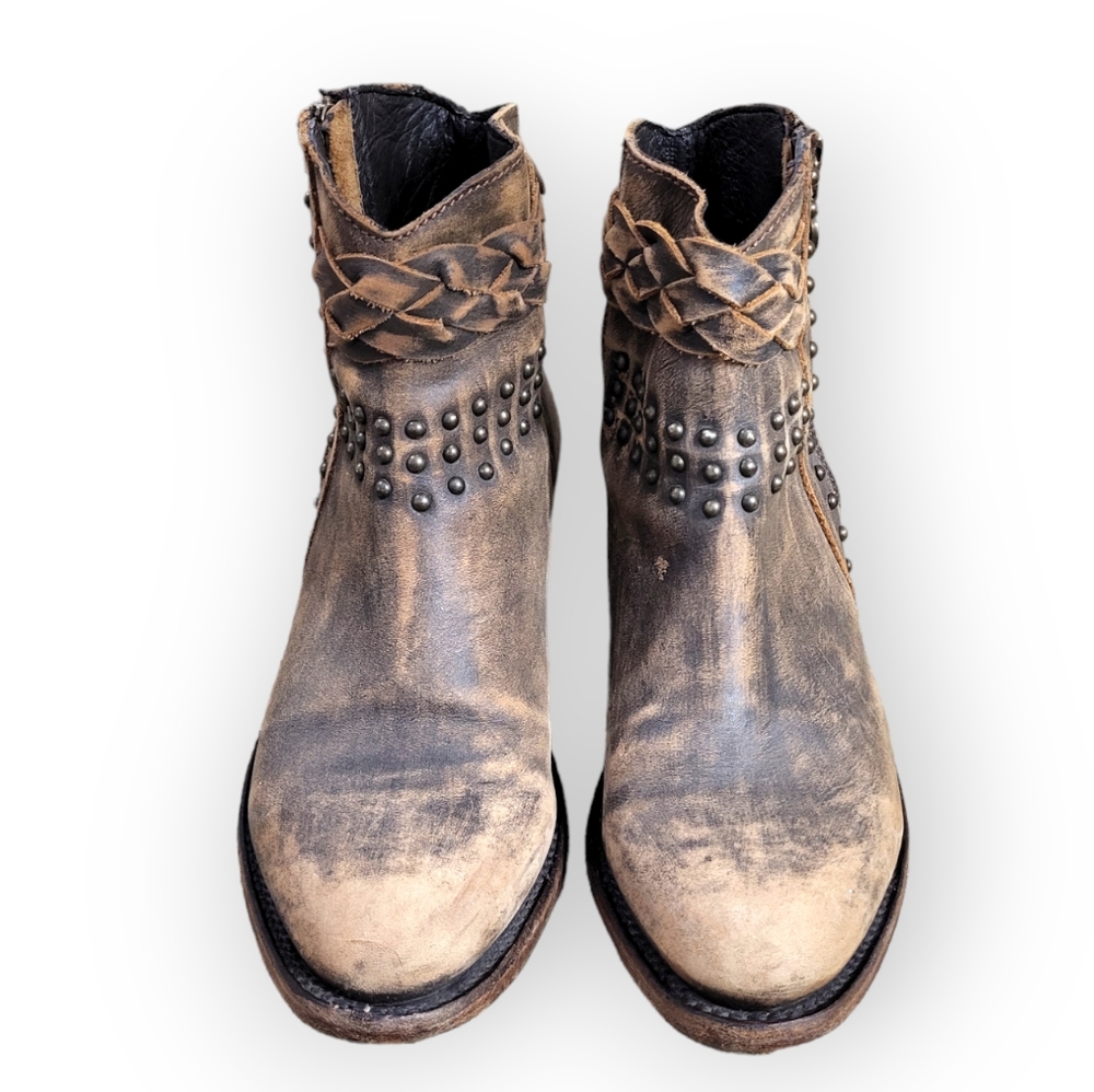 LIBERTY BLACK Distressed Brown Leather Studded Ankle Boots with Braided Strap 8 - Picture 5 of 11